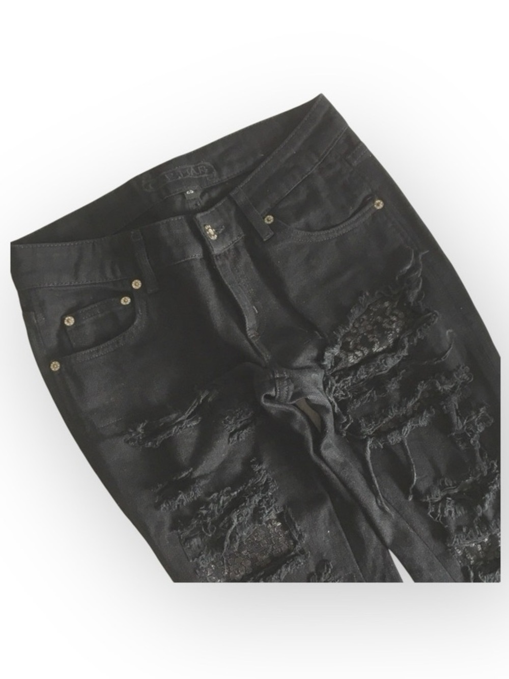 LF Carmar ❉ Skinny Shredded Rips Stretch Jeans ❉ Lace Patches ❉ Jet Black ❉ 25 ❉ - Picture 5 of 16